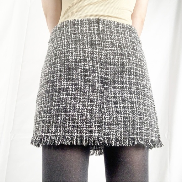 CLEARANCE -- SHEIN Black & White Tweed Wrap Mini Skirt with Fringe Hem – Size S - Picture 3 of 6